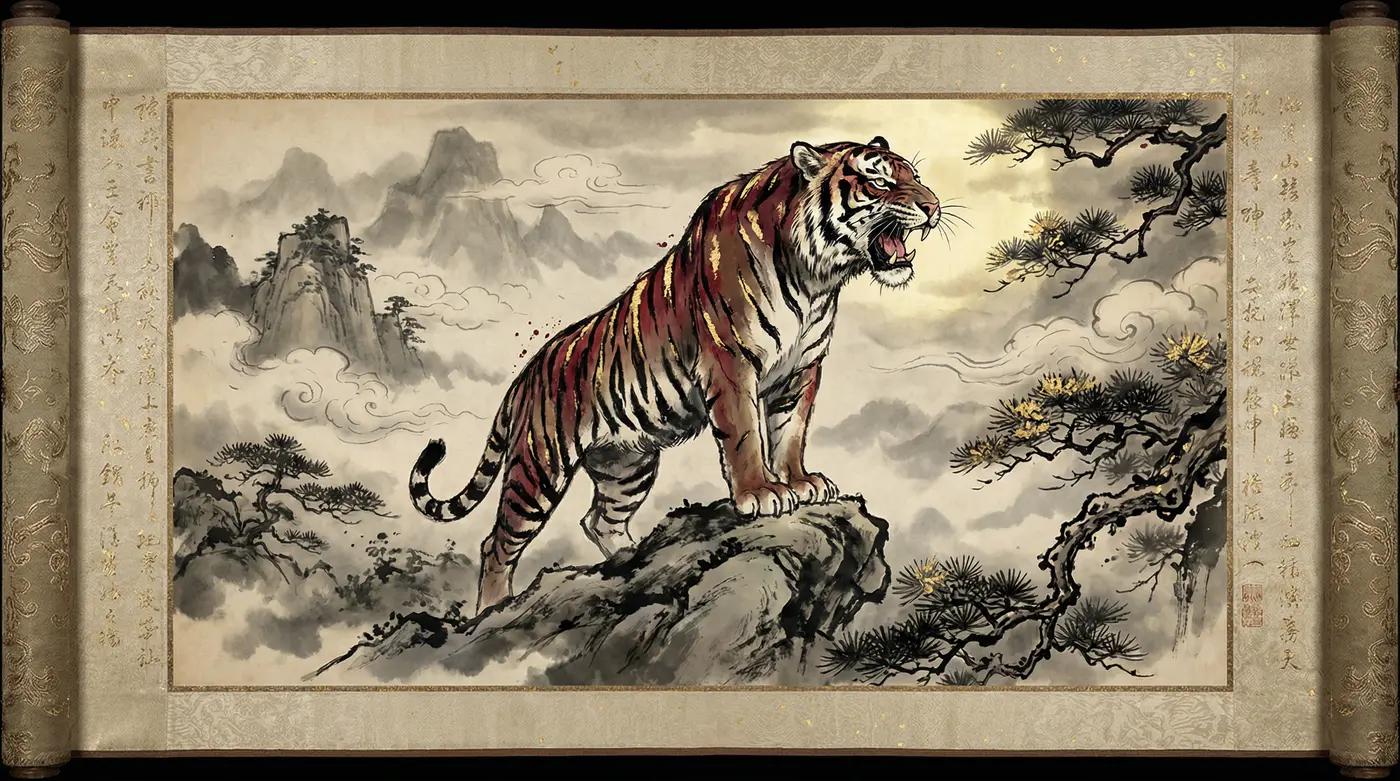 水墨虎画卷轴 - 四虎视频 | 虎文化收藏精品